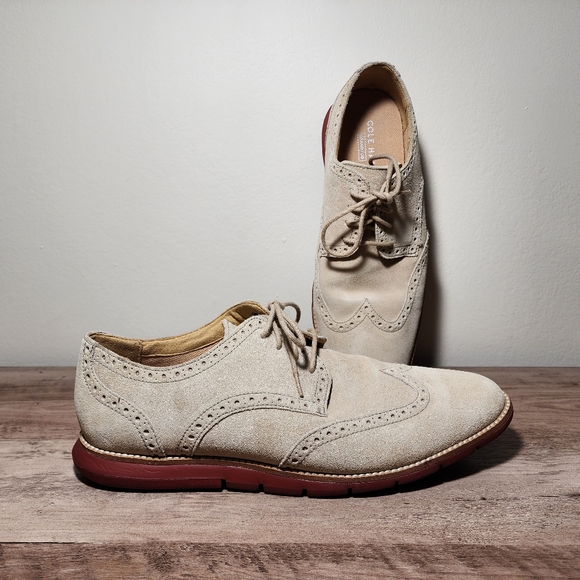 Cole Haan Grandsprint Wingtip Oxfords Mens Beige Suede Leather Shoes Size 10.5M - Picture 10 of 11